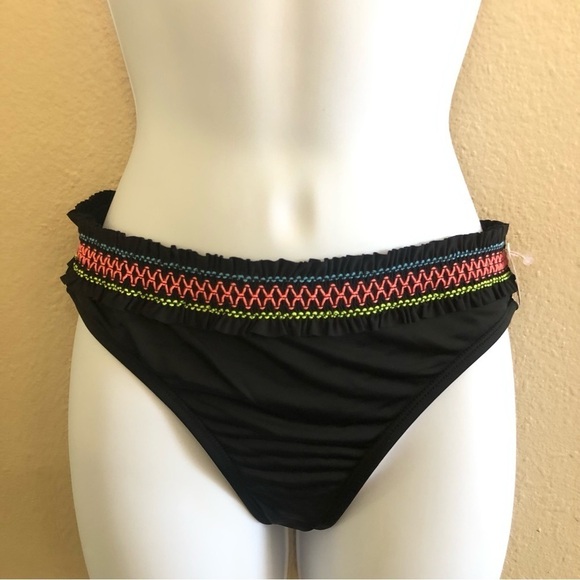 Hobie Black Raffle Waistband Vibrant Hue Stitching Hipster Swim Bikini Bottom 14 - Picture 1 of 10